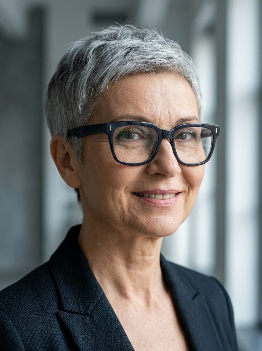 Grauer Pixie mit markanter Brille - Frisur ab 50 mit Brille